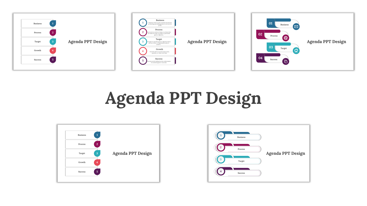 Multiple Agenda PPT design slides with labeled sections including business, process, target, growth, and success with icons.