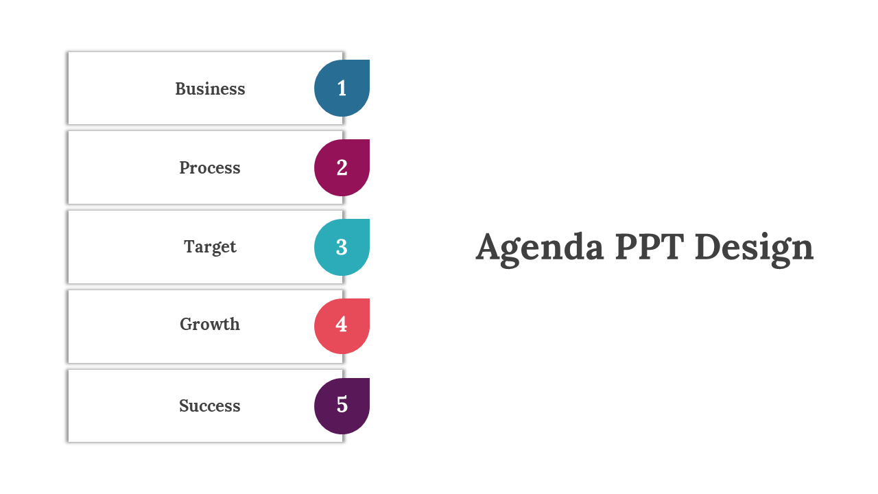 Agenda PowerPoint design slide with five sections each numbered with colorful circles on a white backdrop.
