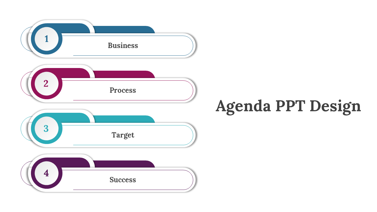 Agenda PowerPoint slide with four sections from business, process, target, and success, each with numbered circular icons.