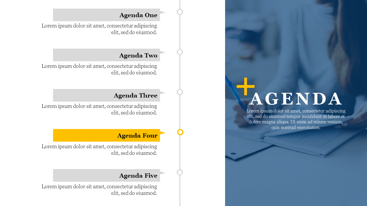 Corporate agenda slides with blue and orange themes, including detailed text sections and timeline markers.