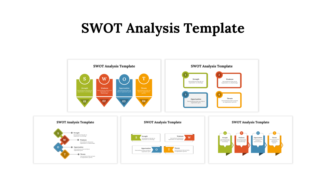 SWOT analysis PPT slides showing different layouts for Strength, Weakness, Opportunity, and Threats with colorful icons.
