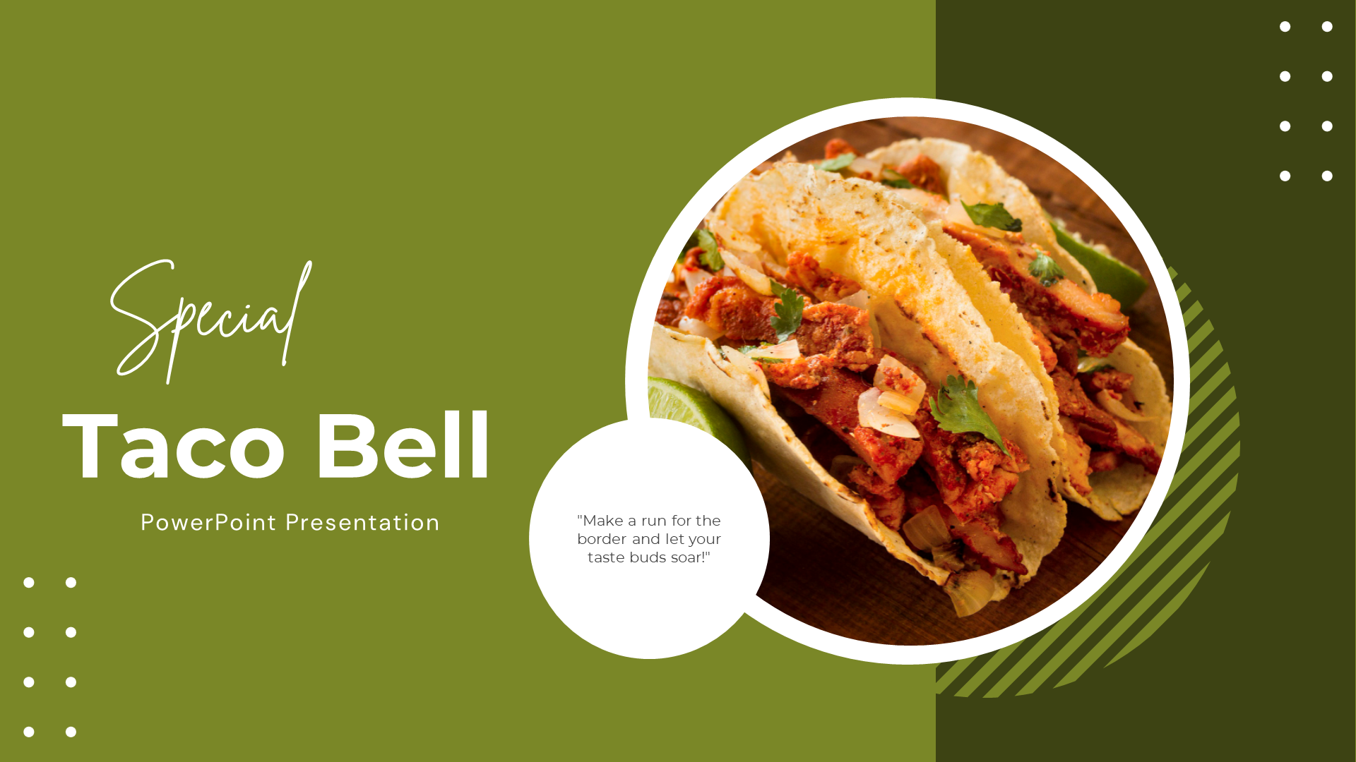 Green themed Taco Bell Slide pack featuring tacos, marketing campaigns, menu options, and a history of the brand.