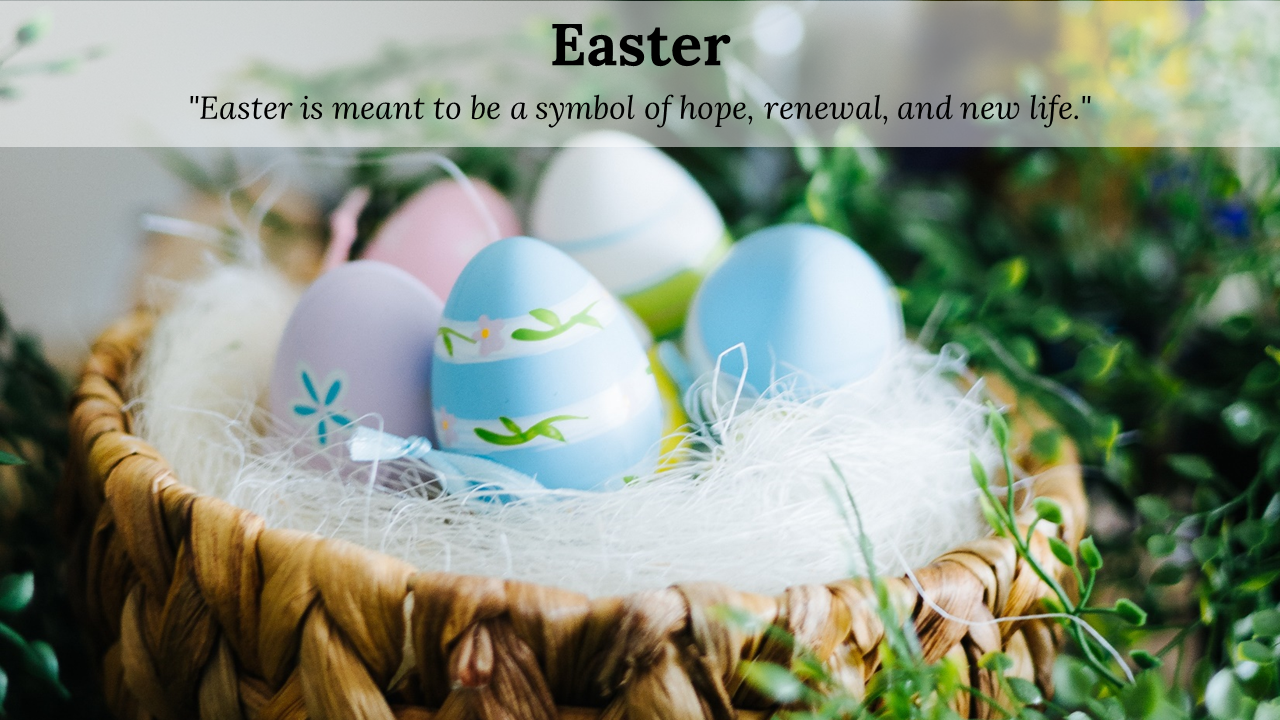 Collection of Easter themed PowerPoint background slides featuring colorful eggs, a woven basket, and uplifting quotes.