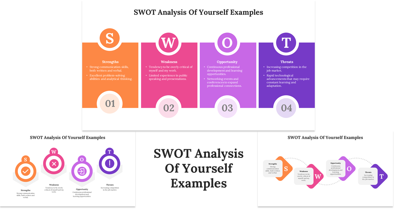 Different design layouts for personal SWOT analysis slides, featuring strengths, weaknesses, opportunities, and threats.