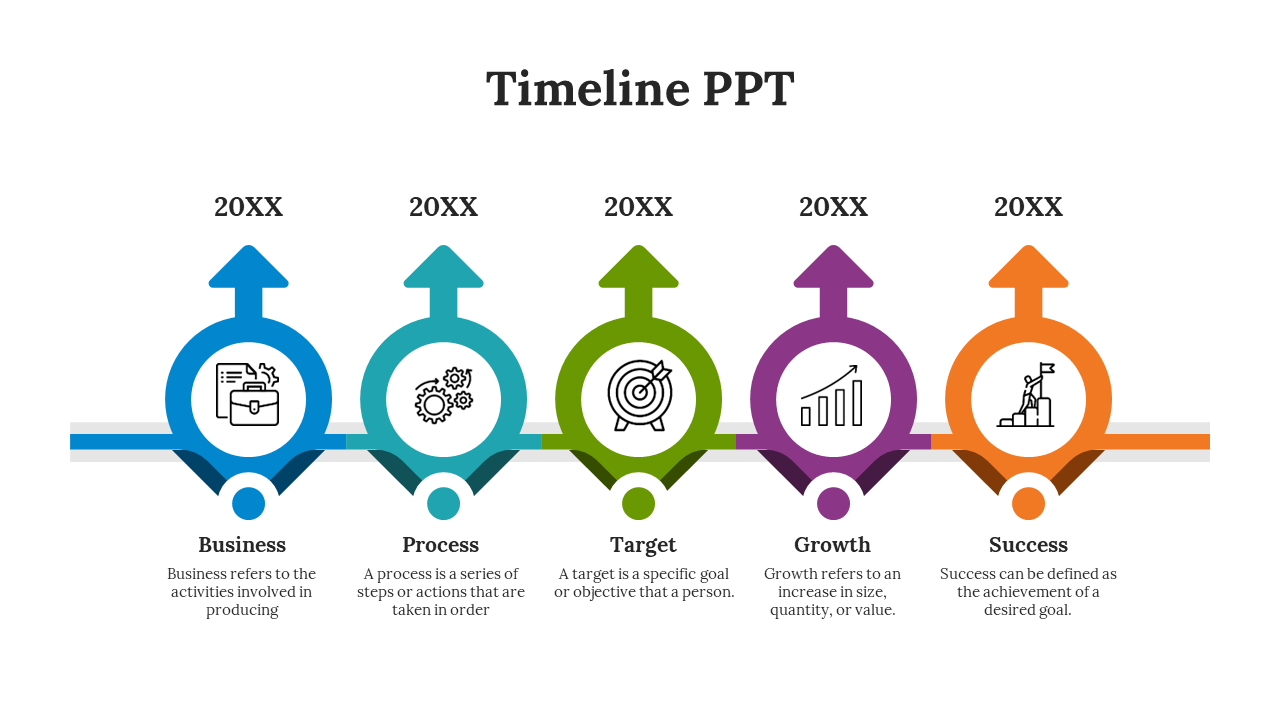 Timeline PPT with five stages from business, process, target, growth, and success with colorful arrows pointing forward.