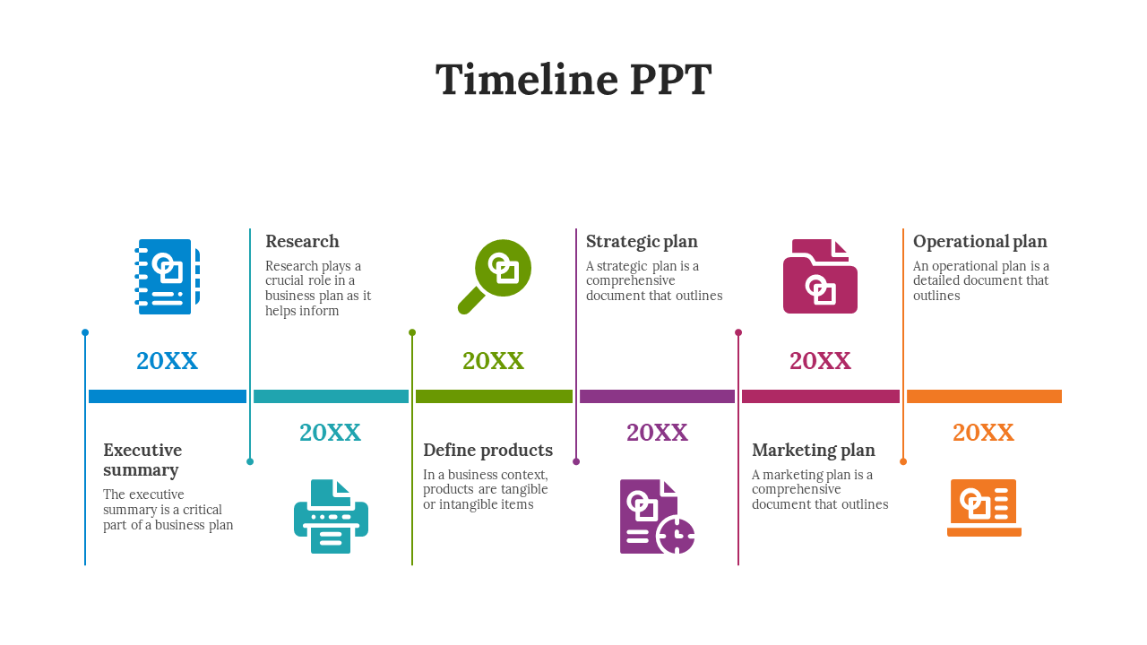 Timeline PowerPoint slide with six stages and colorful icons with descriptions on a white backdrop.