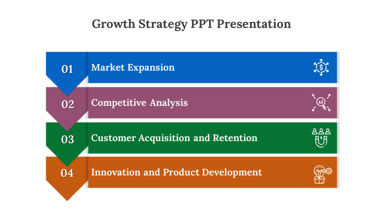 Growth strategy slides with a colorful multi step layout featuring stages with icons and text. 