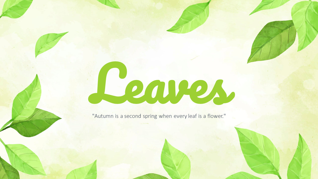 Nature themed slides with green leaves and the word in large text, surrounded by leaf illustrations.