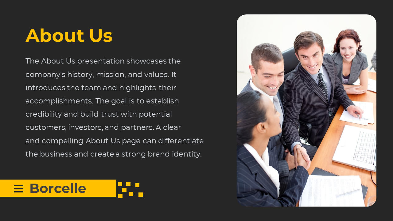 About Us presentation slide featuring a business team shaking hands, with a description on a dark backdrop.