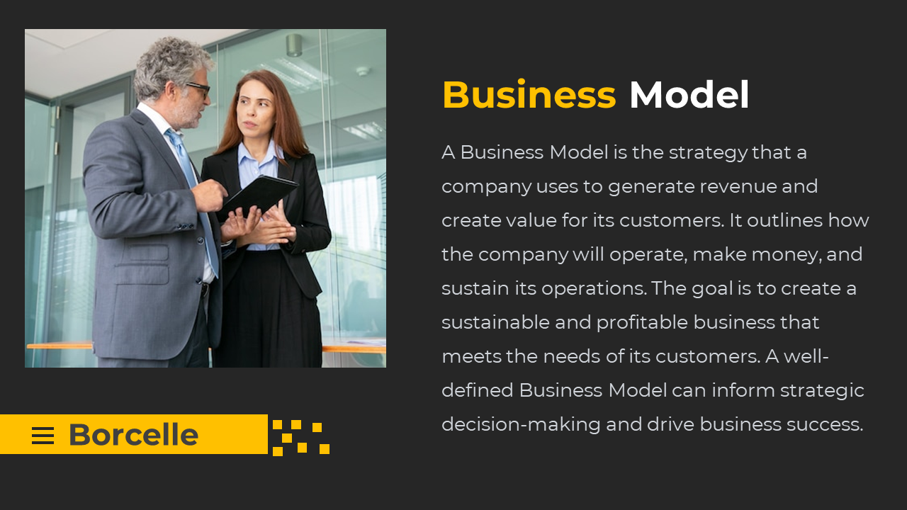 A business model slide showing two professionals discussing a tablet, with a description on a dark backdrop.