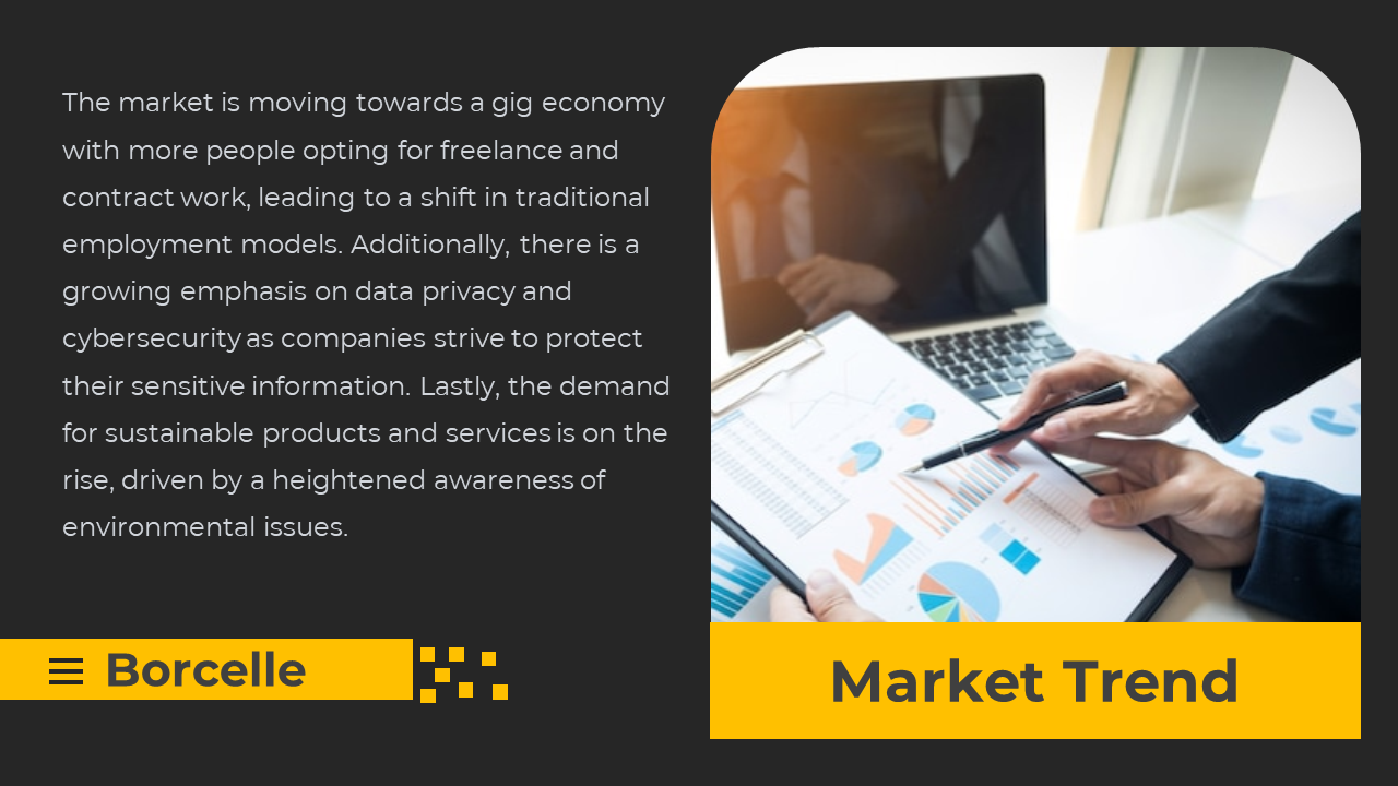 Black market trend slide discussing the shift toward a gig economy with a photo of professionals analyzing market data.