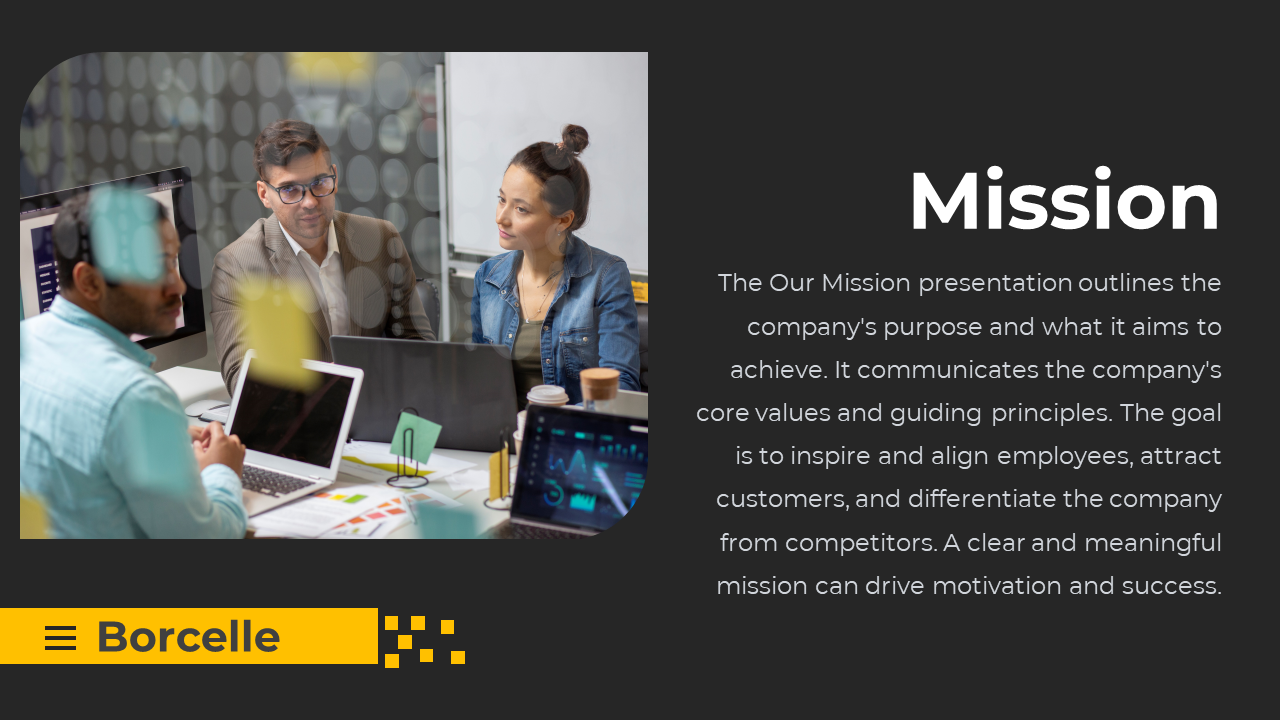 Mission slide with a description and a photo of a business team collaborating in an office environment in black theme.