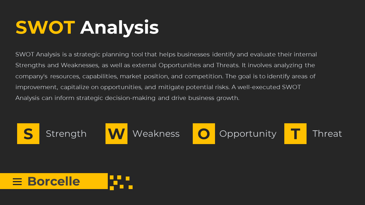 SWOT analysis slide explaining the strategic tool with labels for each component on a black backdrop.