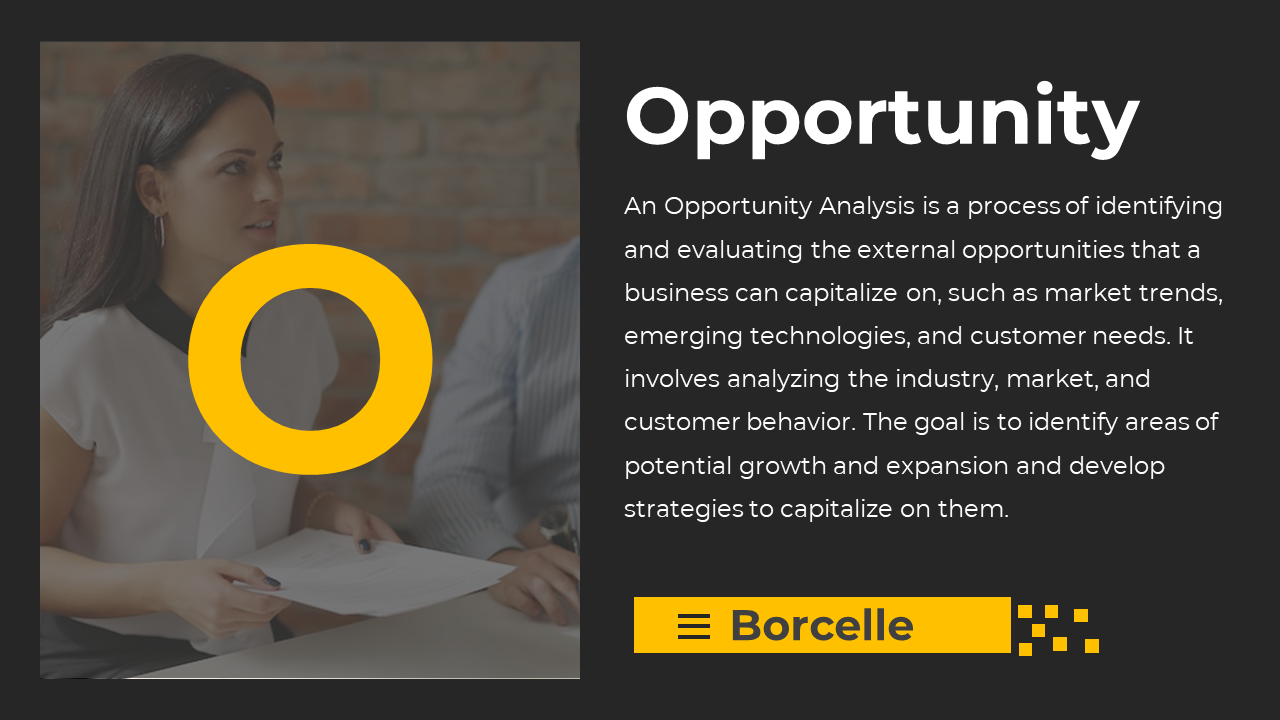 Opportunity analysis slide explaining the process of identifying external business opportunities, with an image of a person.