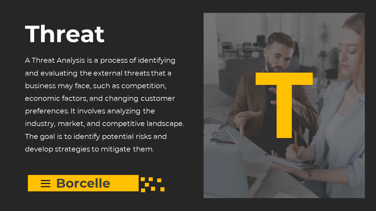 Threat analysis slide explaining the process of external business threats with a photo of professionals on a black theme.