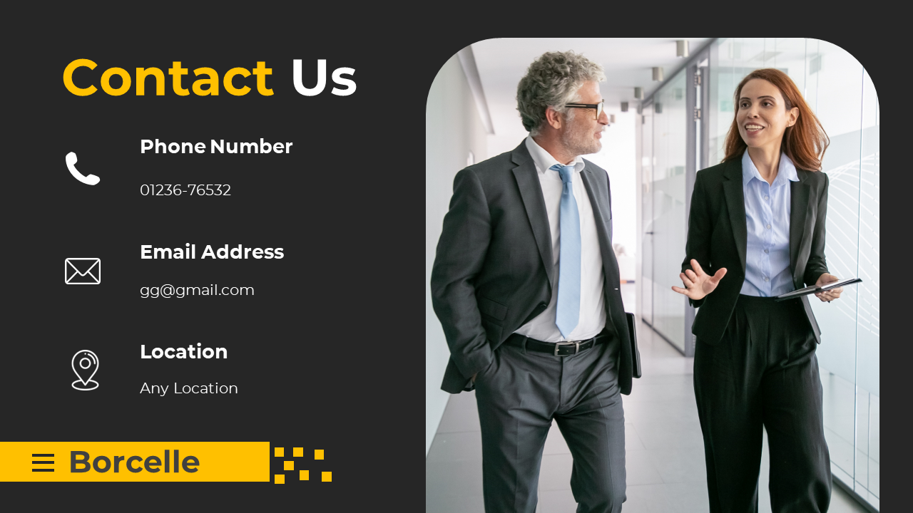 Contact Us slide with phone number, email and location featuring a man and a woman walking in a business corridor with icons.