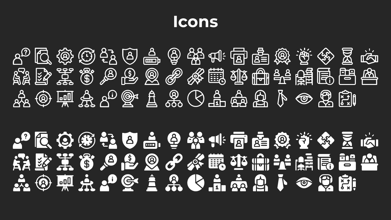 Collection of business related icons including people, gears, clocks, shields, and charts for presentations on a black theme.