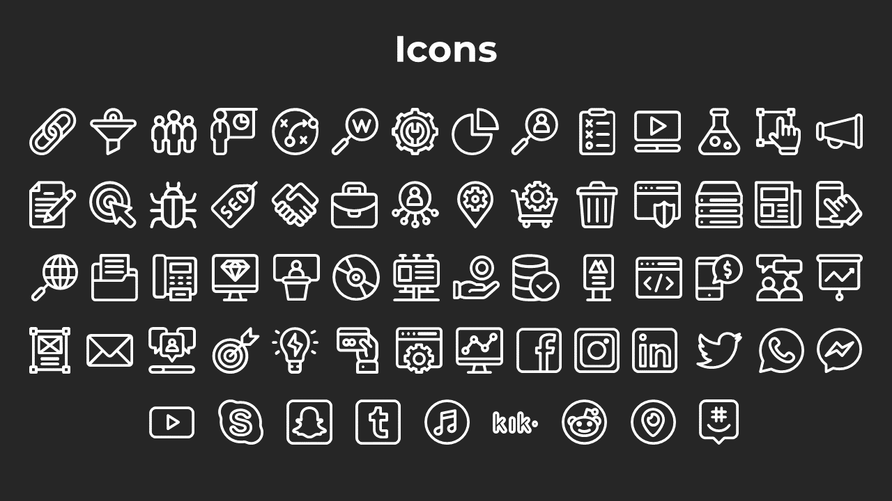 Collection of various business and social media icons, including charts, mail, phone, SEO, and search tools on a black theme.