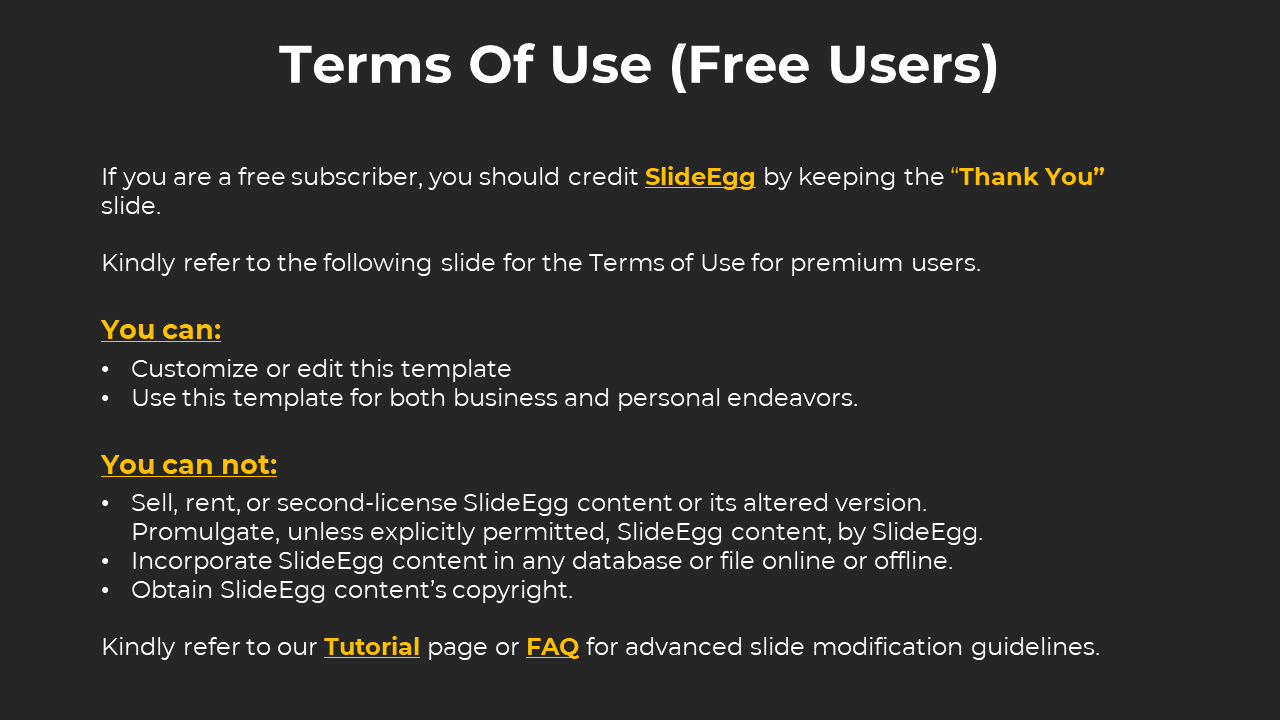 Terms of Use for free SlideEgg users outlining permissions with bullet points on a black backdrop.