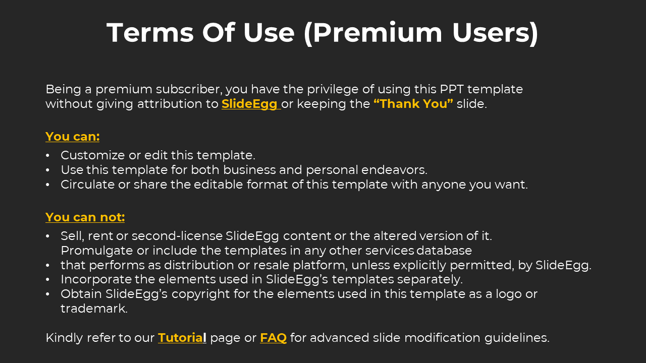 Terms of use for premium SlideEgg users, detailing the ability to customize, share and distribute templates on a black theme.