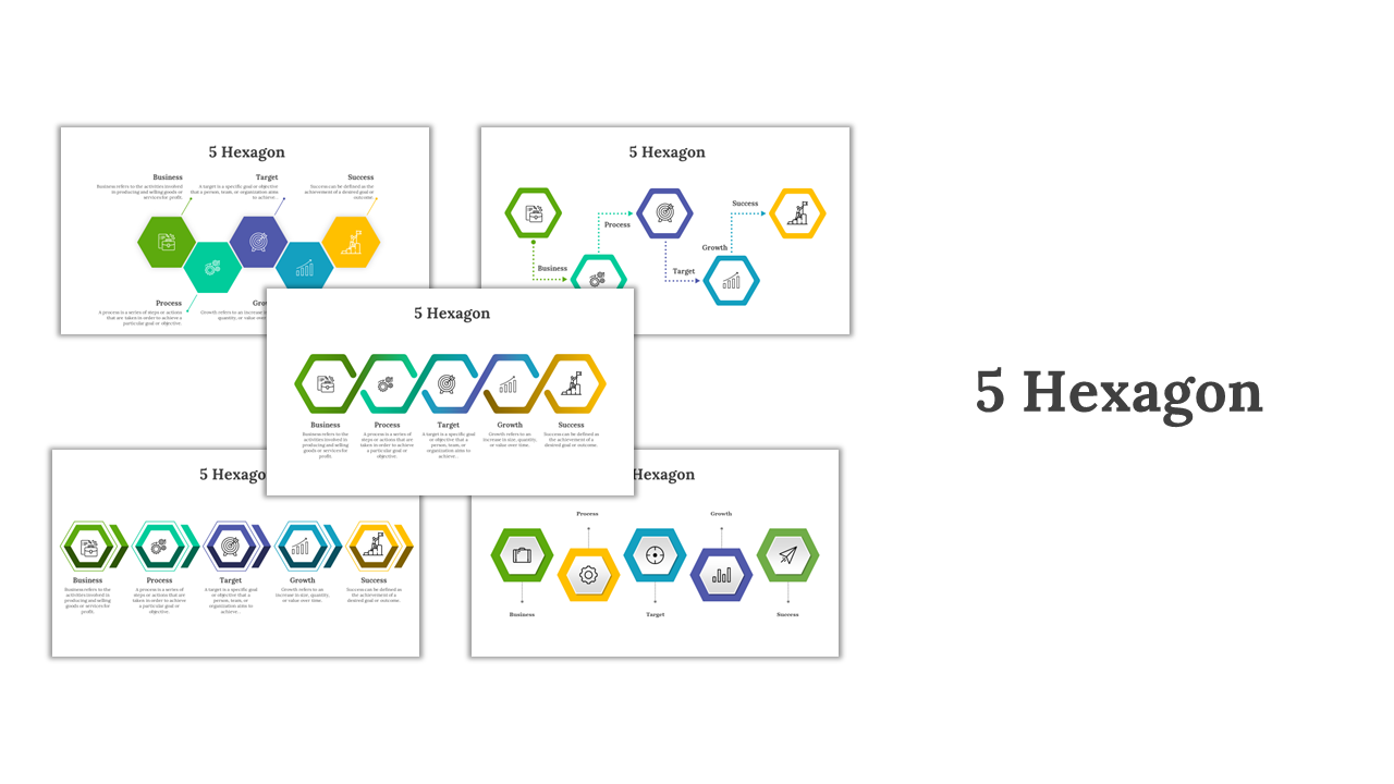 PowerPoint slides featuring five hexagons arranged for a visual flowchart with various colorful layout designs and icons.