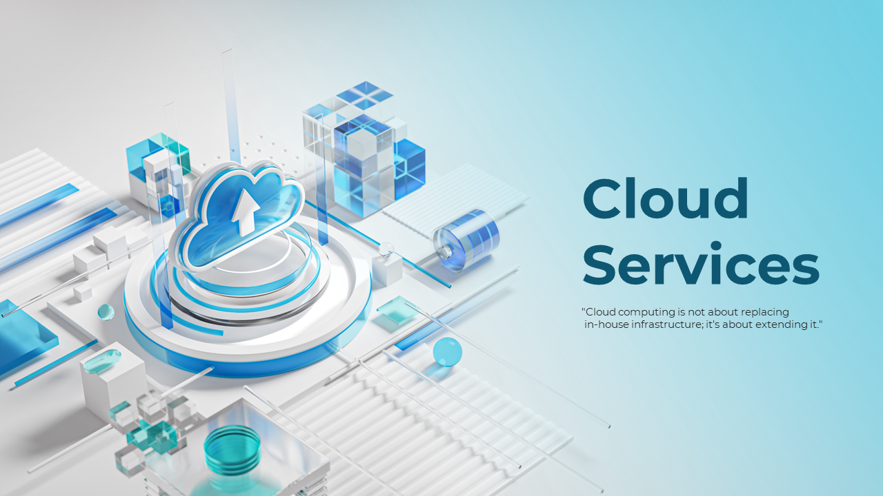 Cloud services slide featuring a 3D illustration of a cloud symbol with an upward arrow on a blue and white backdrop.