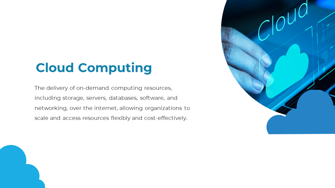 Cloud computing slide featuring a futuristic image of a person interacting with a digital cloud interface on a white theme.