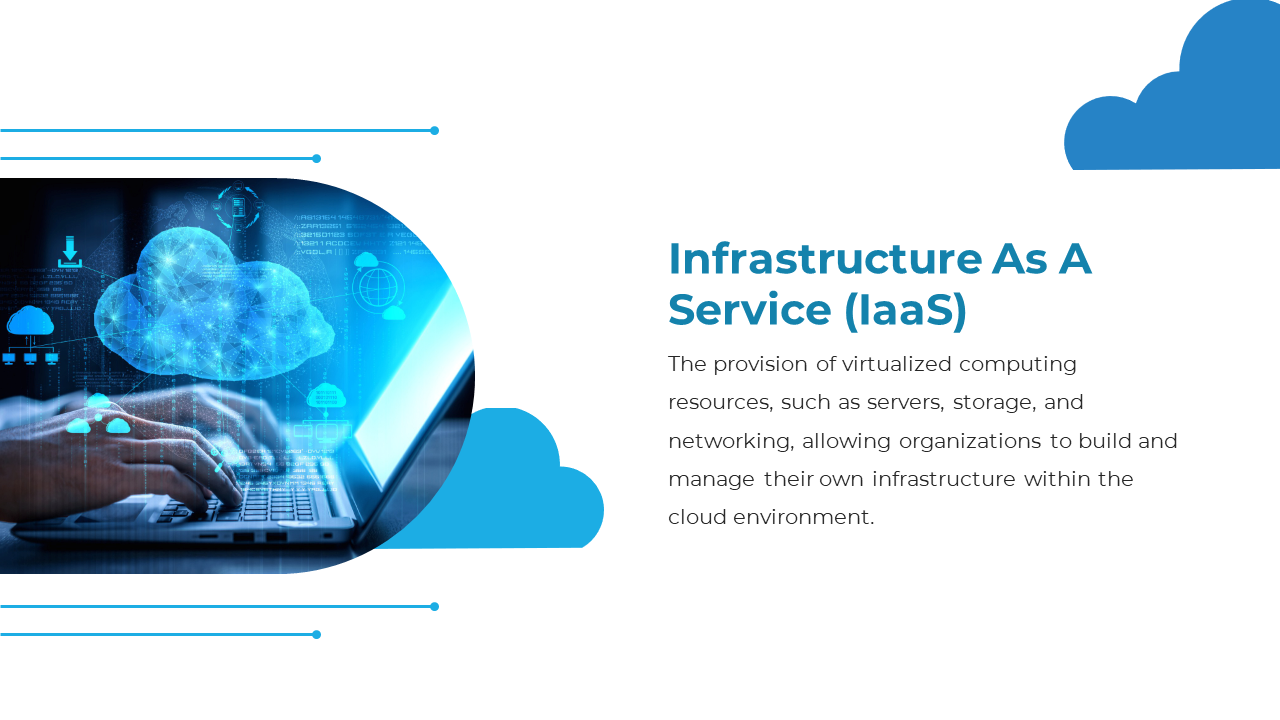 Cloud computing illustration for IaaS, showing a person interacting with a laptop and virtual cloud infrastructure services.