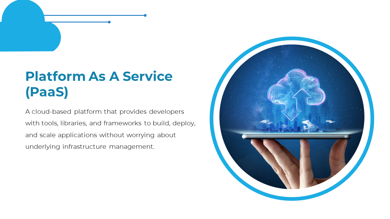 Cloud computing slide illustrating PaaS with a person holding a tablet displaying cloud services on a white backdrop.