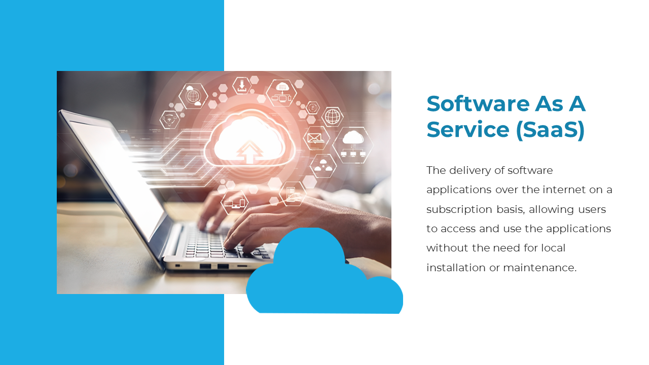 SaaS concept slide with a person typing on a laptop and cloud icons, representing the software delivery model on split theme.