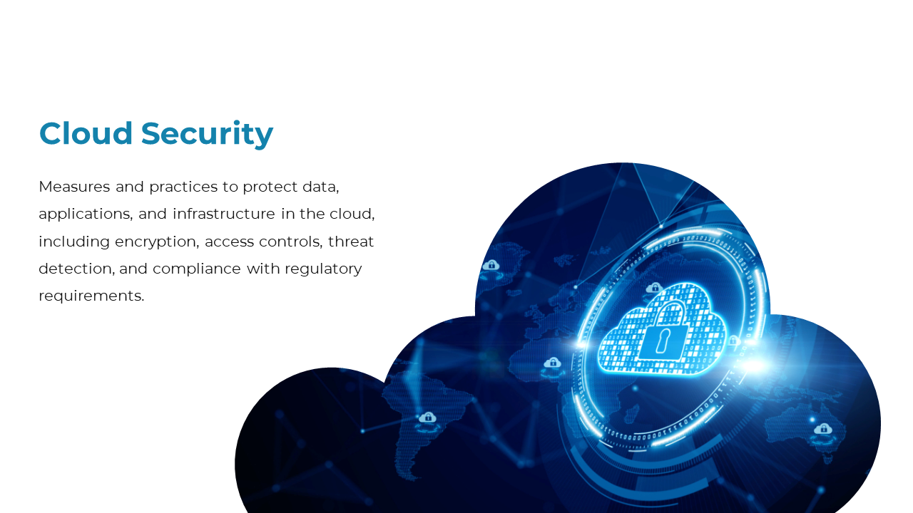 Cloud Security slide showing a cloud with a lock and digital encryption symbols, symbolizing data protection practices.
