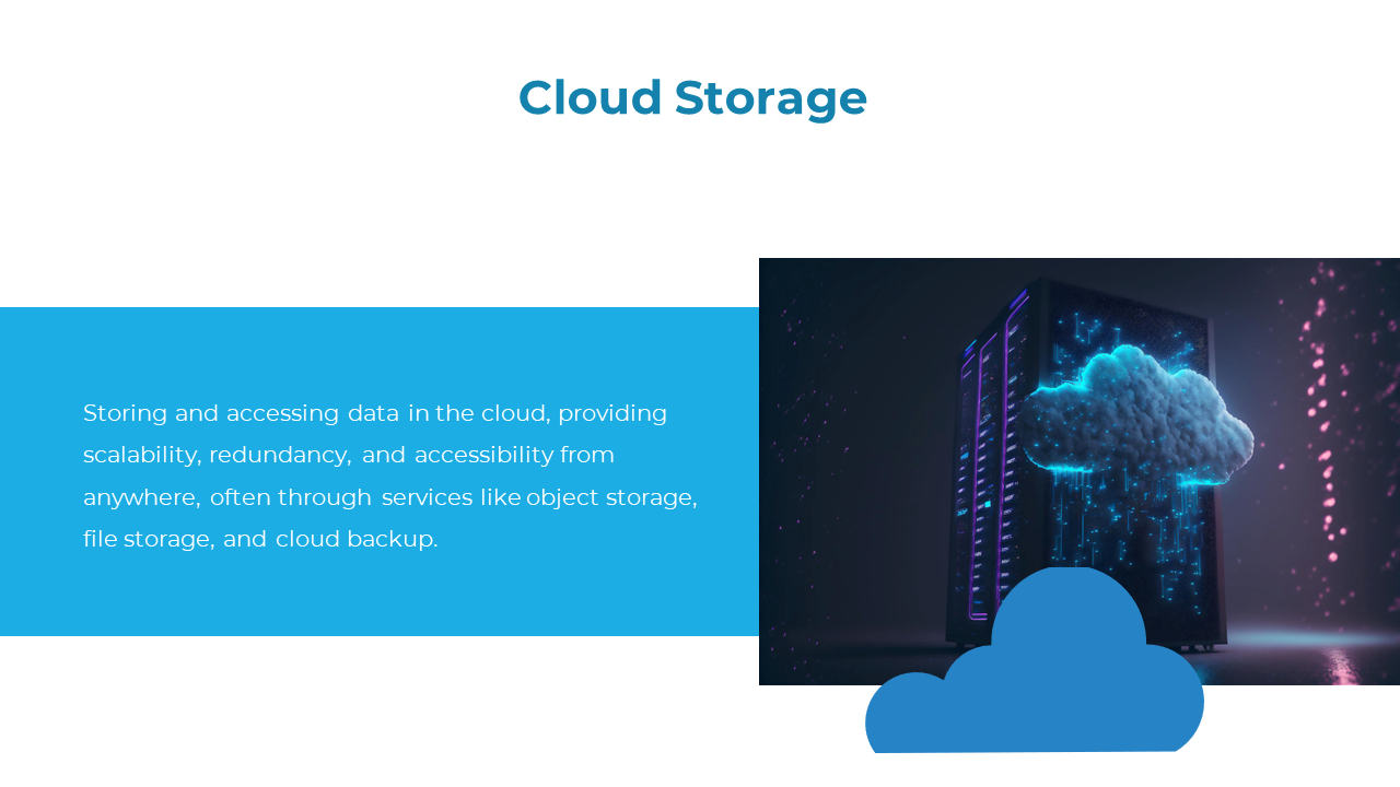 3D rendering of cloud storage with icon above a server, showing data being stored and transferred on a white and blue theme.