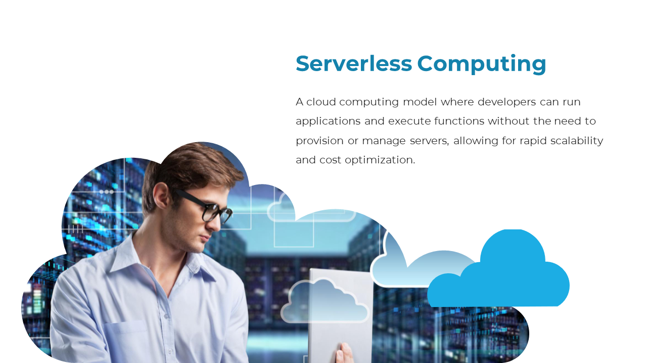 A man working with a cloud computing system, showing the serverless model for running applications without server management.
