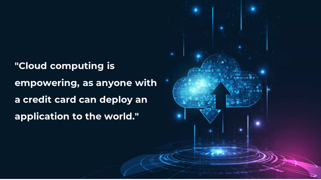 Abstract cloud technology with data flow, representing the empowering nature of cloud computing on a dark backdrop.