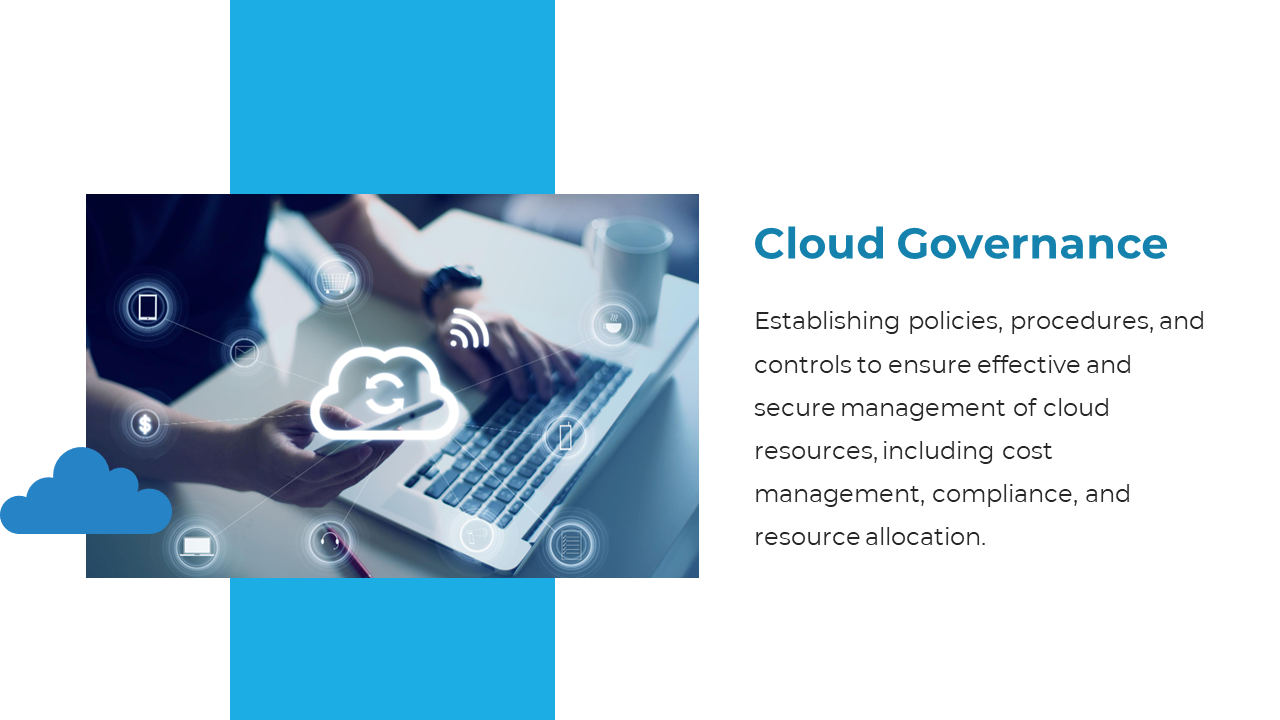 Cloud governance concept with icons and a laptop, showcasing policies on a blue and white backdrop with text description.