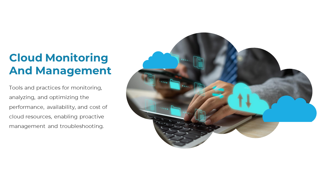 A person monitoring cloud resources and analyzing data on a laptop, illustrated with cloud icons on a white backdrop.