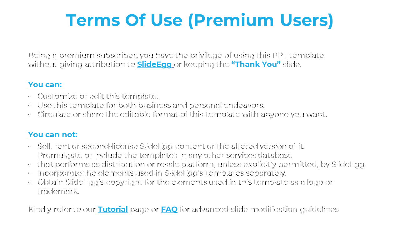 SlideEgg's premium subscription terms, allow full customization, distribution, and use of templates without crediting.