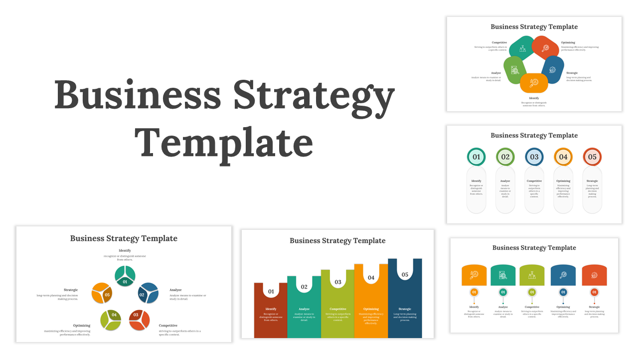Business strategy PPT slides featuring five distinct design layouts with labeled sections with icons and descriptions.