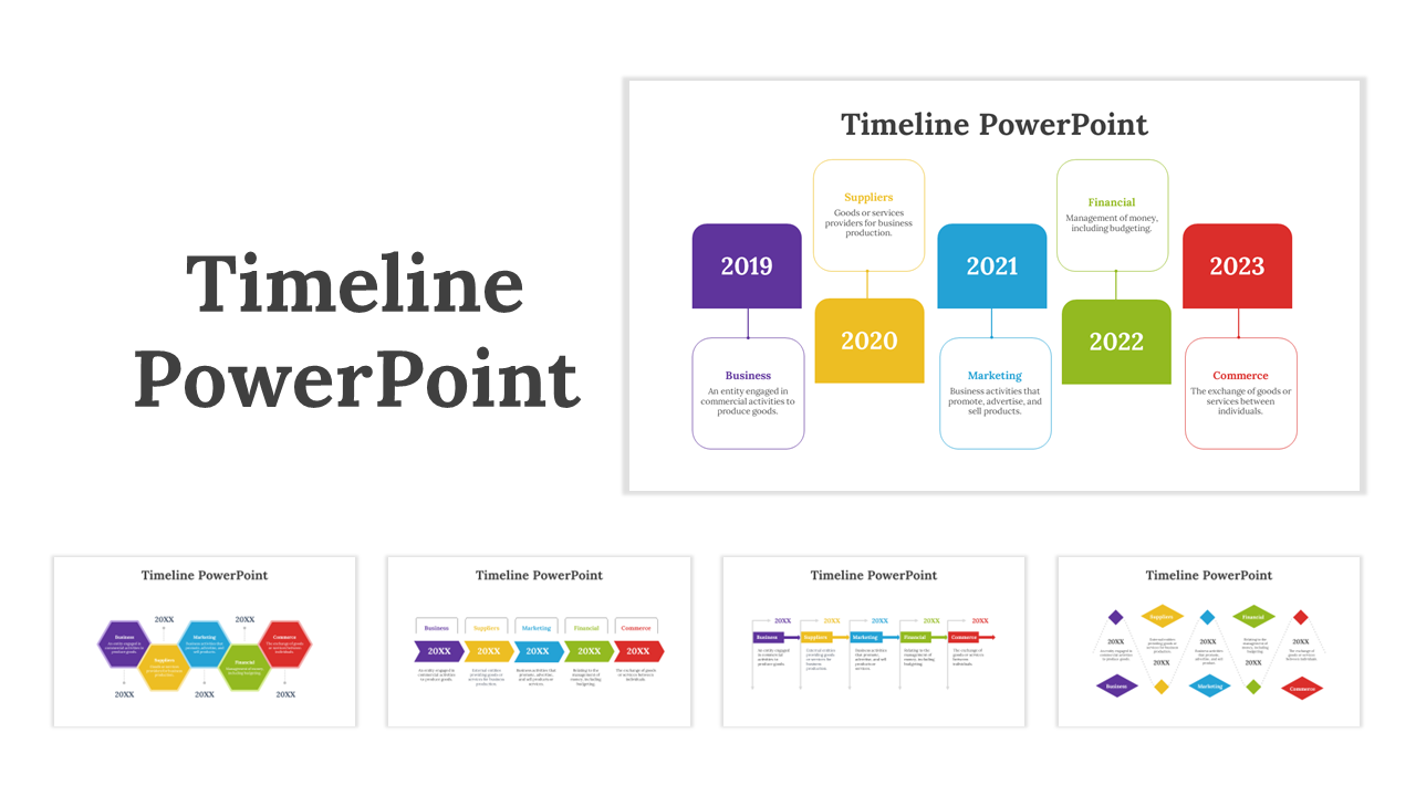 A collection of timeline slides featuring various shapes and colors to represent different periods and milestones.