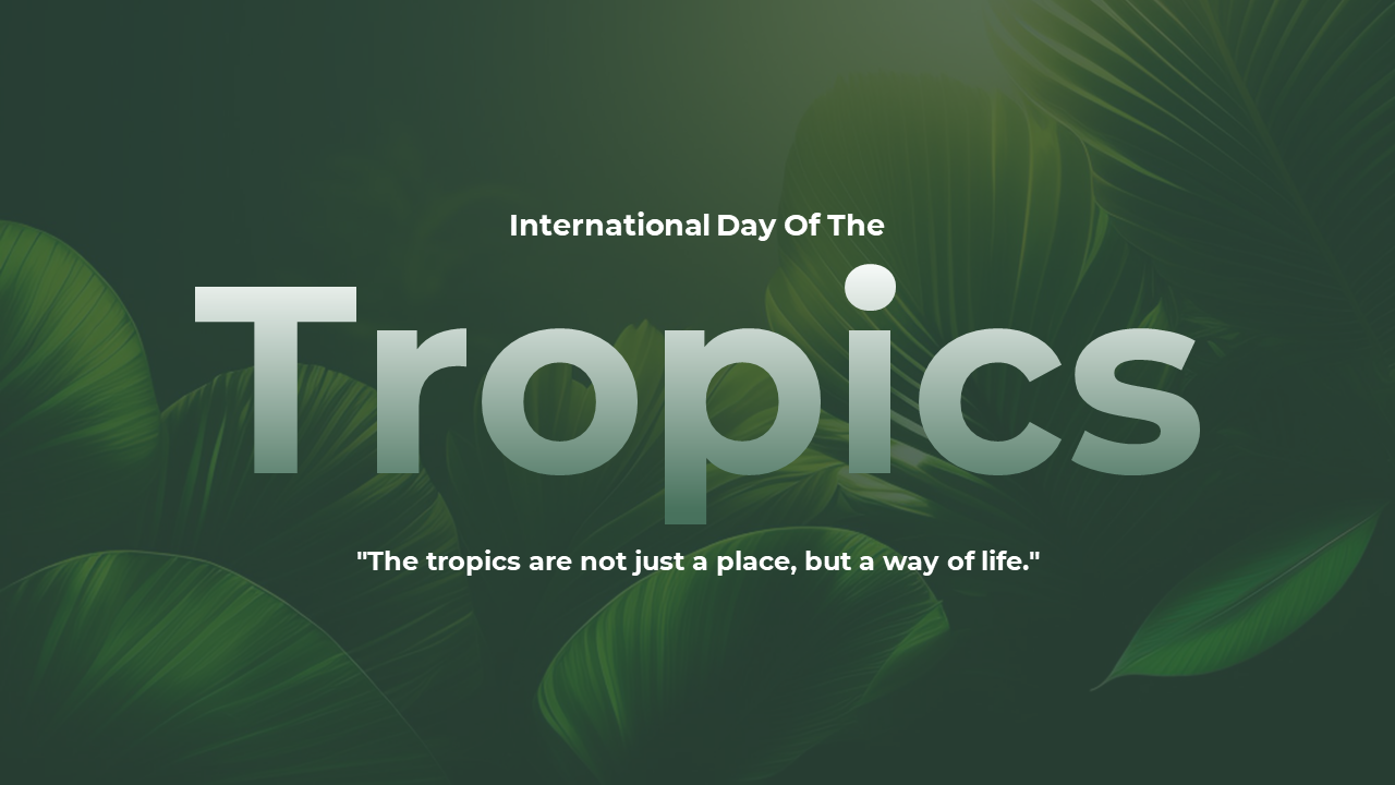 A lush green themed slide deck featuring tropical leaves in the background, with bold text and images of nature.