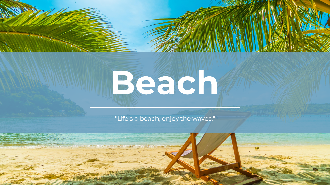 Colorful beach themed slides showcasing beautiful beach scenes and sections on types and attractions with descriptions.