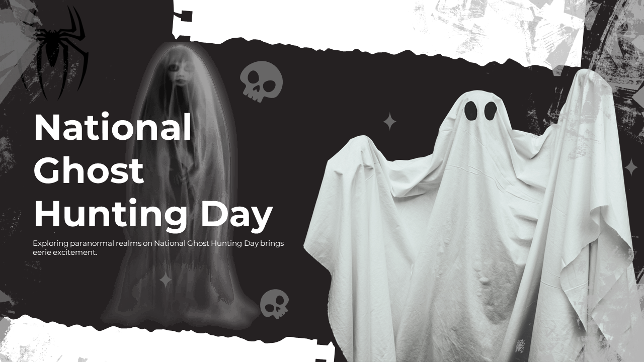Monochrome slides with dark and light contrasts, featuring ghostly imagery and angular shapes for national ghost hunting day.