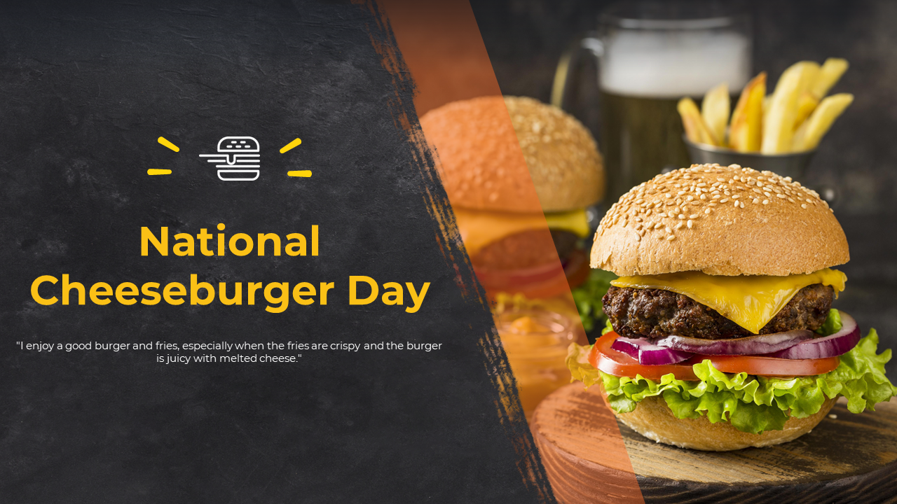 Slide deck featuring various gourmet cheeseburger images, toppings, and regional styles, in yellow ad black theme.
