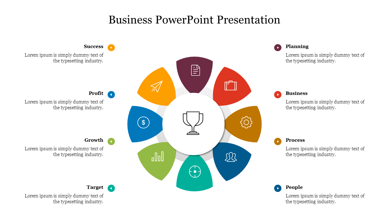 Colorful business PowerPoint slides showcasing various chart and diagram designs in different layouts and icons.