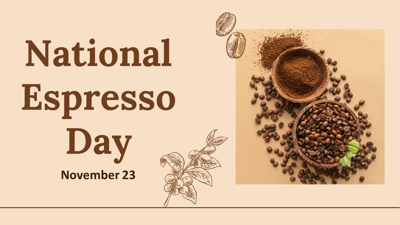 Brown and beige themed slide deck with coffee beans, cups, and text layouts celebrating national espresso day.