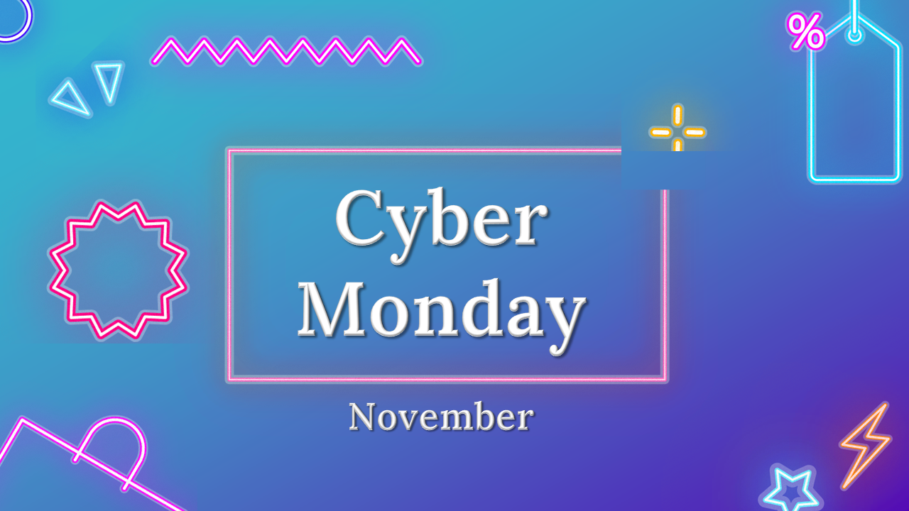 Cyber Monday slide deck, with neon colored elements and charts analyzing market data, budgets, and customer demographics.