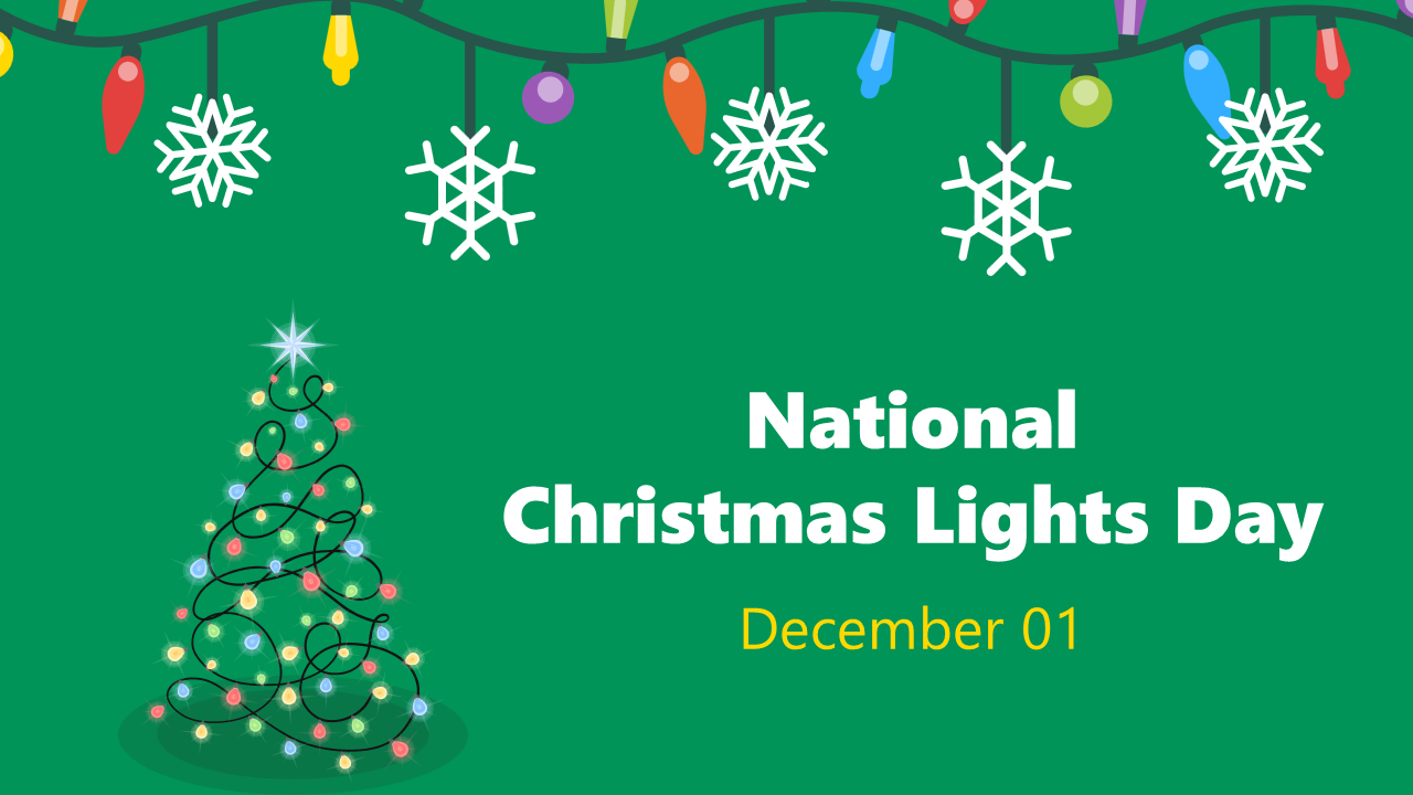 Green holiday themed presentation slides about National Christmas Lights Day, including Christmas light types and history.