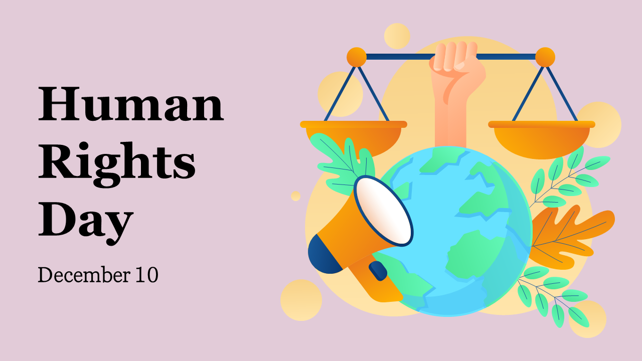 Illustrative slide pack with human rights elements such as hands, scales, and diverse diagrams against a pink background.