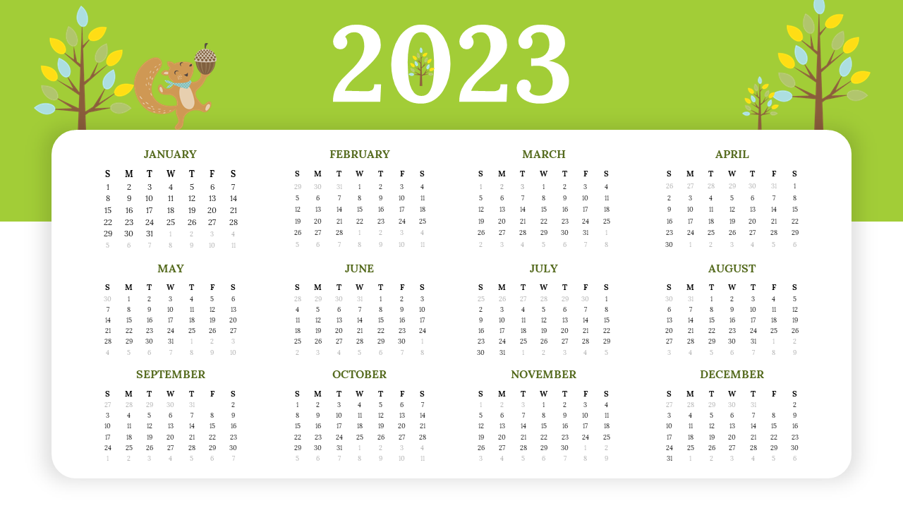 A colorful 2023 yearly calendar PowerPoint slides featuring various designs and layouts.