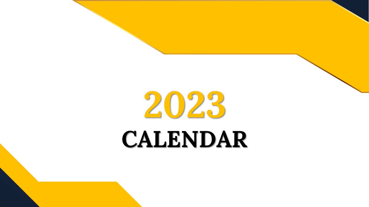 2023 calendar template in PowerPoint format with a bold yellow and black design, featuring each month on separate slides.